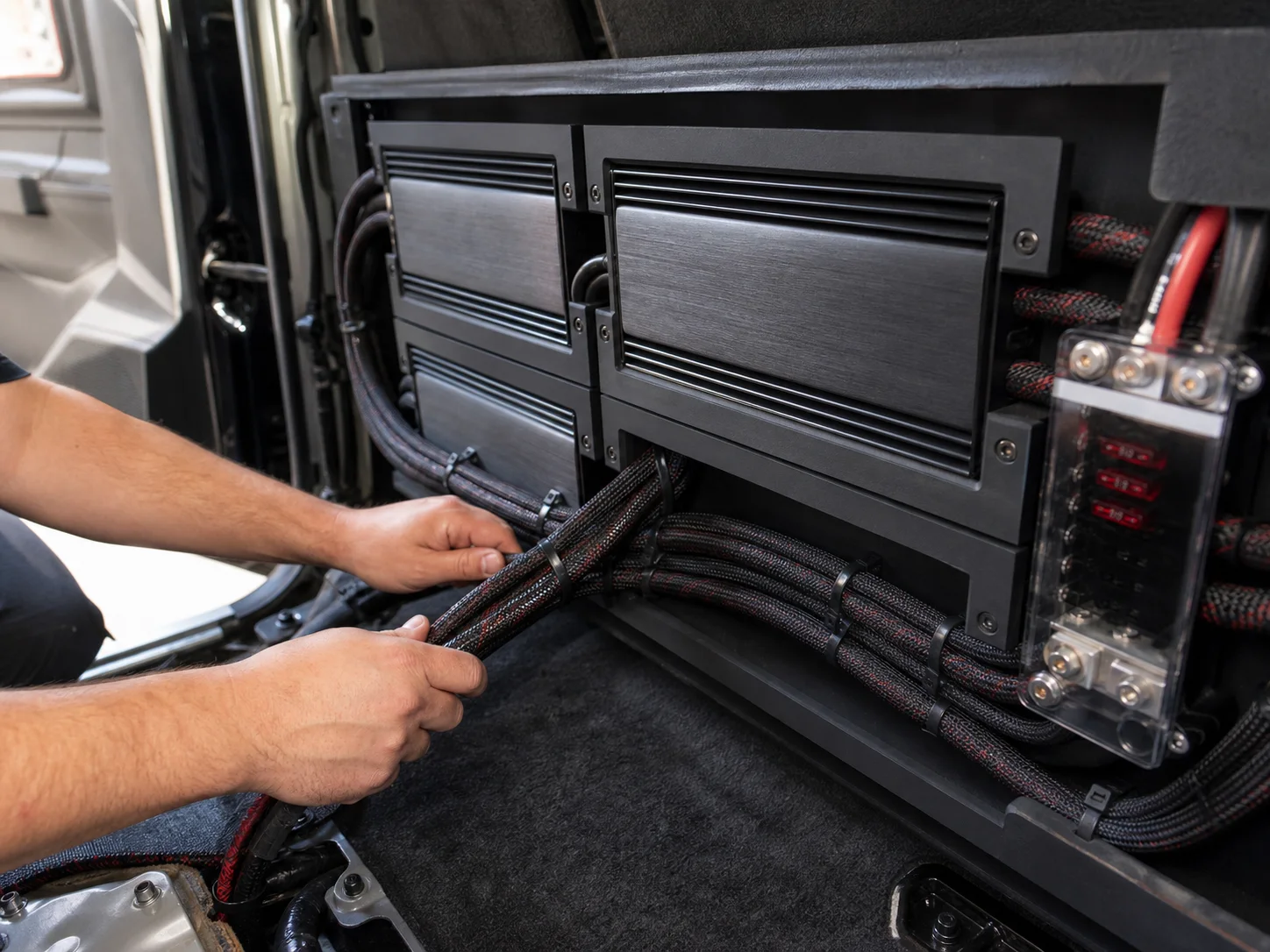 Technician routing braided wiring into a custom amplifier rack